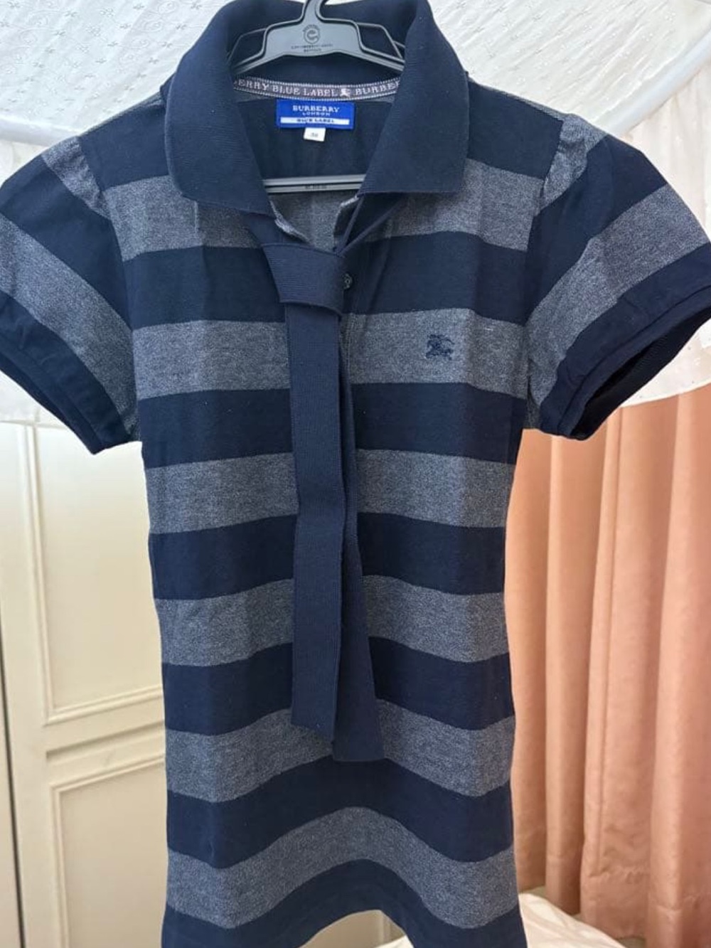 Burberry Navy and Gray Striped Button-Down Polo Top